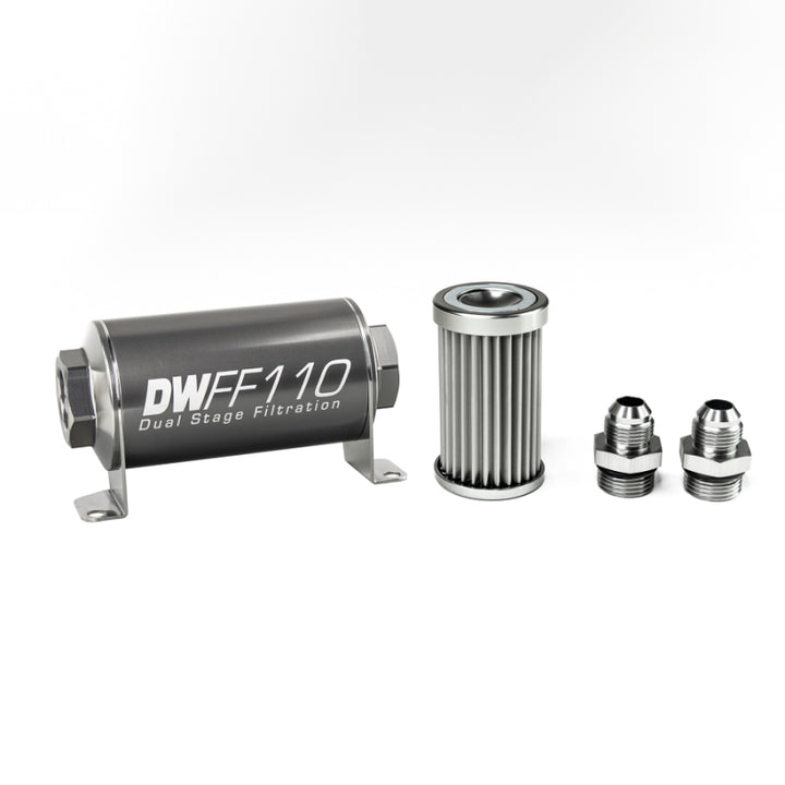 DeatschWerks Stainless Steel 8AN 5 Micron Universal Inline Fuel Filter Housing Kit (110mm) - Bull Strap
