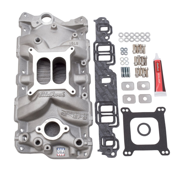 Edelbrock Manifold w/ Installation Kit Performer Eps SBC 1957-1986 Natural Finish - Bull Strap