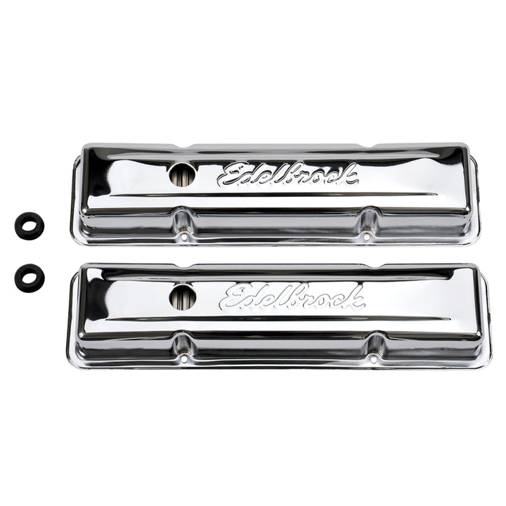 Edelbrock Valve Cover Signature Series Chevrolet 1959-1986 262-400 CI V8 Low Chrome - Bull Strap