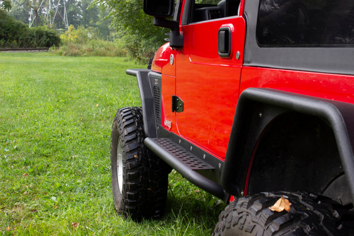 Fishbone Offroad 97-06 Jeep Wrangler TJ Steel Rock Slider - Black Textured Powdercoat - Bull Strap