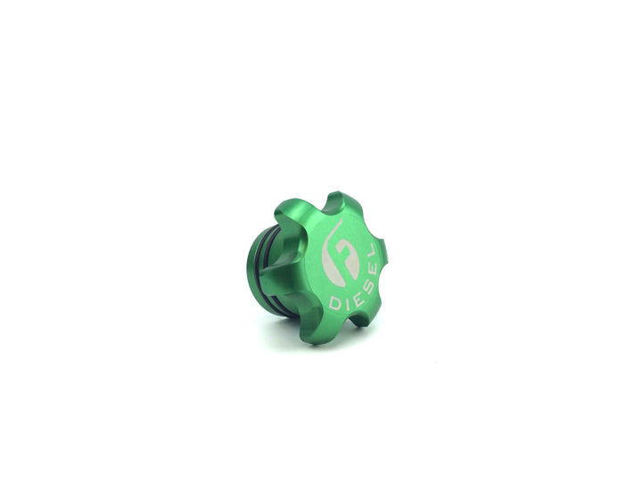 Fleece Performance 13-18 Dodge Cummins Green Anodized Billet Fuel Cap - Bull Strap
