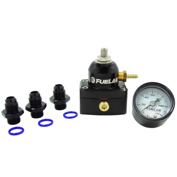 Fuelab 535 EFI Adjustable Mini FPR 25-90 PSI (2) -6AN In (1) -6AN Return (3) -6AN ORB w/Gauge Kit - Bull Strap