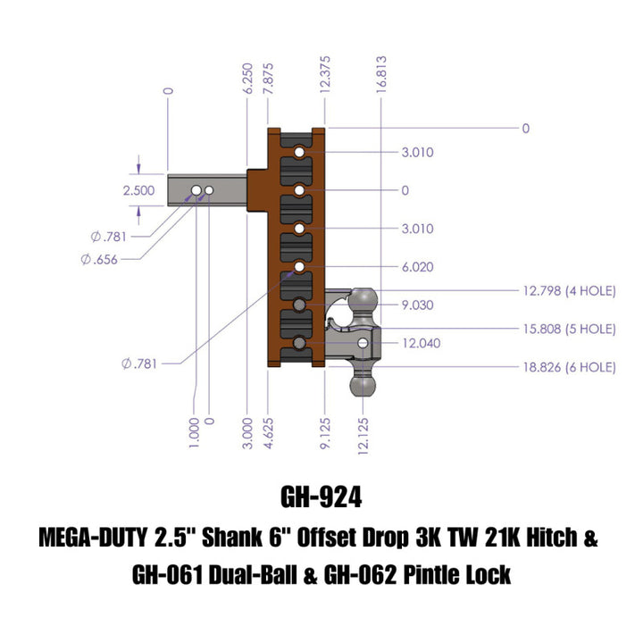 Gen-Y Mega Duty 2.5in Shank 6in Offset Drop 21K Hitch w/GH-061 Dual-Ball/GH-062 Pintle Lock - Bull Strap
