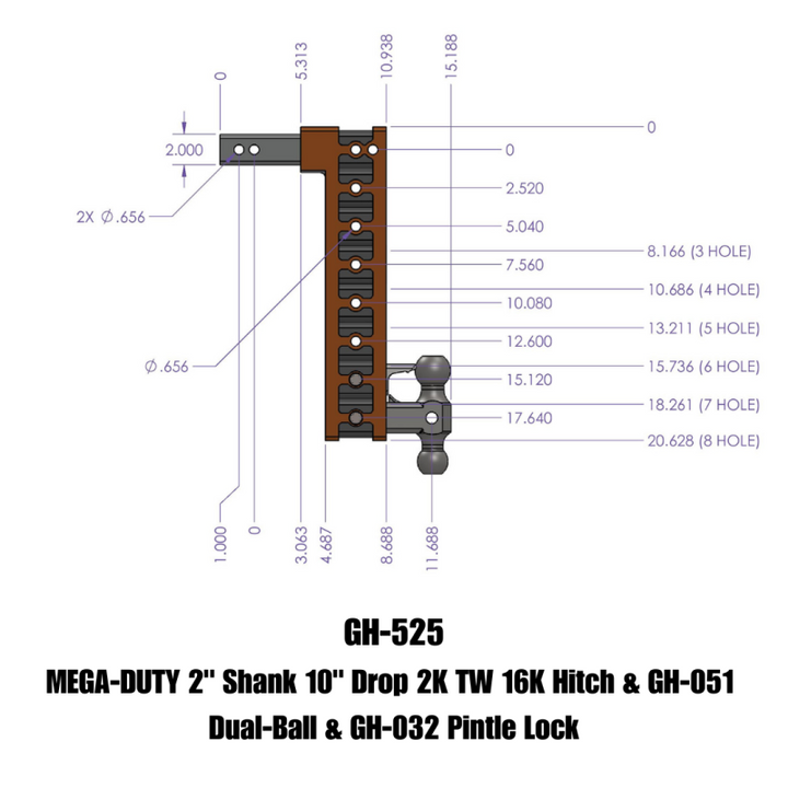Gen-Y Mega Duty 2in Shank 10in Drop 2K TW 16K Hitch w/GH-051 Dual-Ball/GH-032 Pintle Lock - Bull Strap