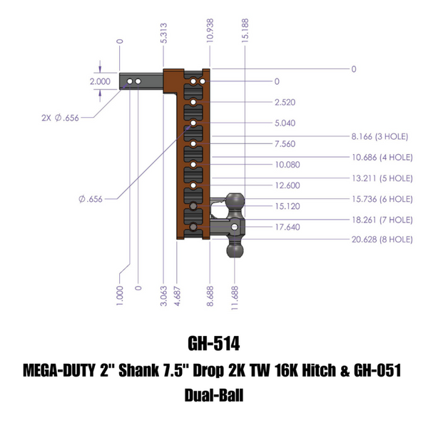 Gen-Y Mega Duty 2in Shank 7.5in Drop 2K TW 16K Hitch w/GH-051 Dual-Ball - Bull Strap