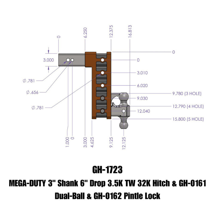 Gen-Y Mega Duty 3in Shank 6in Drop 3.5K TW 32K Hitch w/GH-0161 Dual-Ball/GH-0162 Pintle Lock - Bull Strap