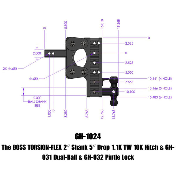 Gen-Y The Boss Torsion-Flex 2in Shank 5in Drop 10K Hitch w/GH-031 Dual-Ball/GH-032 Pintle Lock - Bull Strap