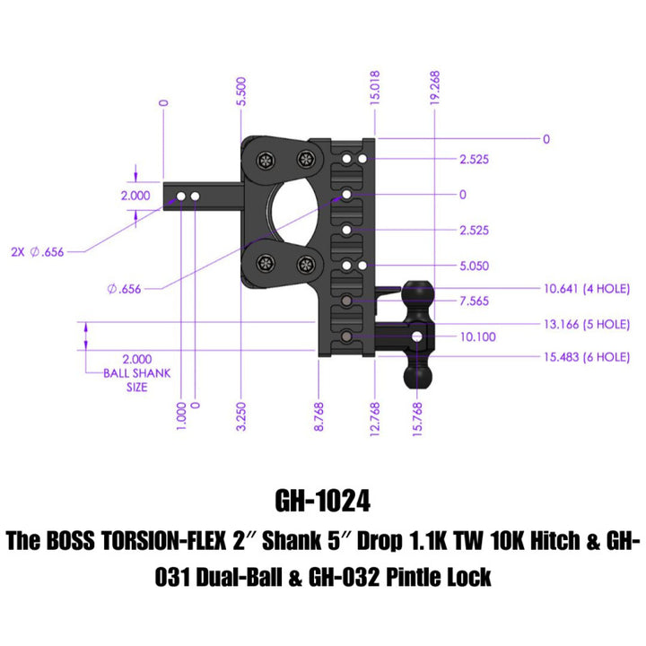 Gen-Y The Boss Torsion-Flex 2in Shank 5in Drop 10K Hitch w/GH-031 Dual-Ball/GH-032 Pintle Lock - Bull Strap