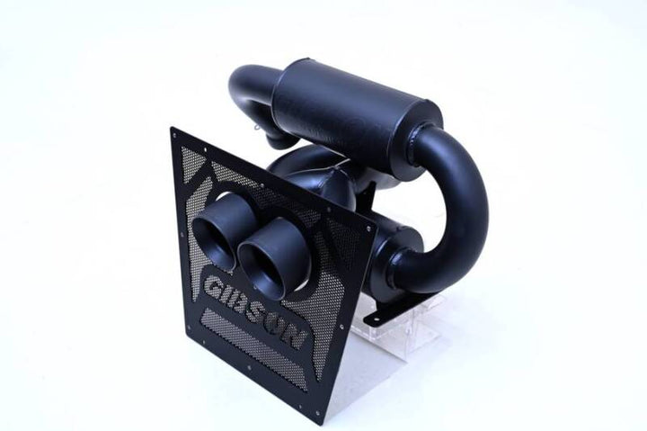 Gibson 2024 Cam-Am Maverick R 4in. T304 Stainless Round Dual Wall Slash-Cut Tip - Black Ceramic - Bull Strap