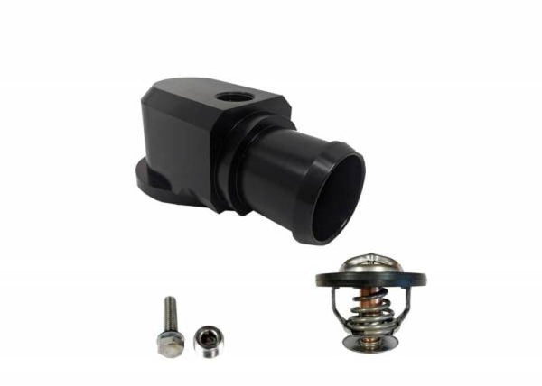 Granatelli 18-19 Jeep Trackhawk Billet Thermostat Housing w/180 Deg Thermostat - Black - Bull Strap
