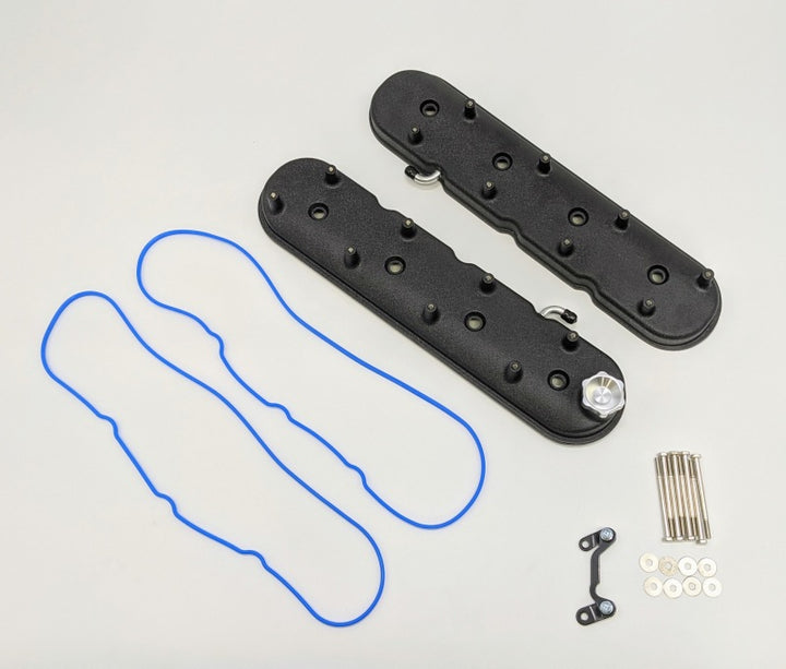 Granatelli 96-22 GM LS Standard Height Valve Cover w/Angled Coil Mount - Blk Wrinkle (Pair) - Bull Strap