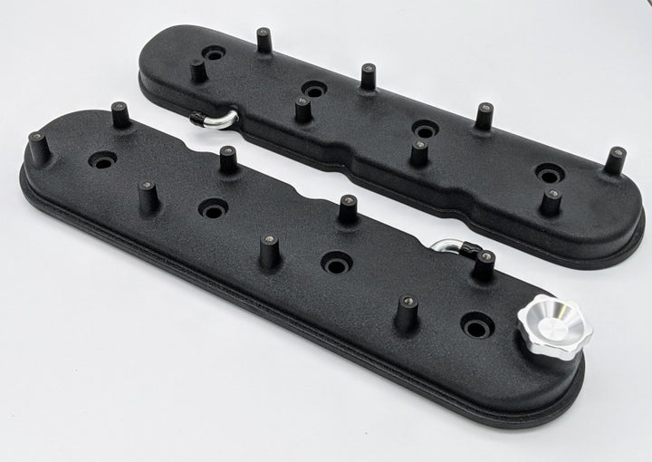Granatelli 96-22 GM LS Standard Height Valve Cover w/Angled Coil Mount - Blk Wrinkle (Pair) - Bull Strap