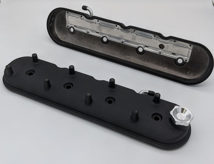 Granatelli 96-22 GM LS Standard Height Valve Cover w/Angled Coil Mount - Blk Wrinkle (Pair) - Bull Strap