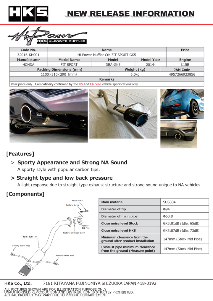 HKS Hi-Power Muffler 2014+ Honda Fit Sport GK5 w/ Carbon Tips - Bull Strap