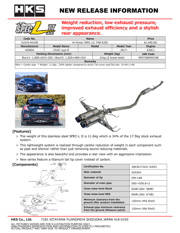 HKS Hi-Power Muffler SPEC-L2 FK8 K20C - Bull Strap