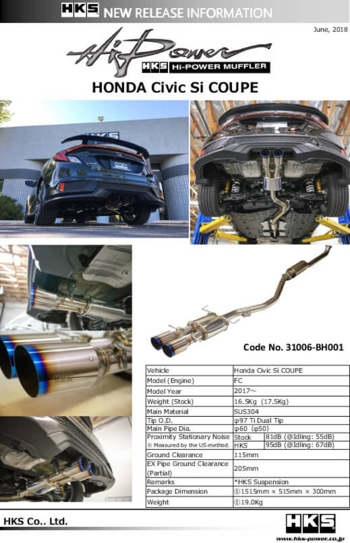 HKS Hi-Power Muffler for Civic SI Coupe (FC3) - Bull Strap