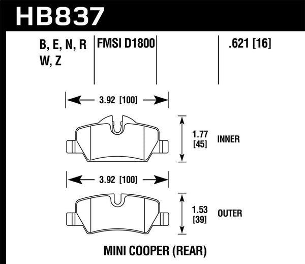 Hawk 14-17 Mini Cooper HPS 5.0 Rear Brake Pads - Bull Strap