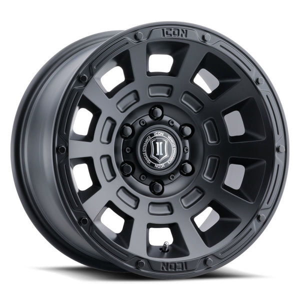 ICON Thrust 17x8.5 6x5.5 0mm Offset 4.75in BS Satin Black Wheel - Bull Strap