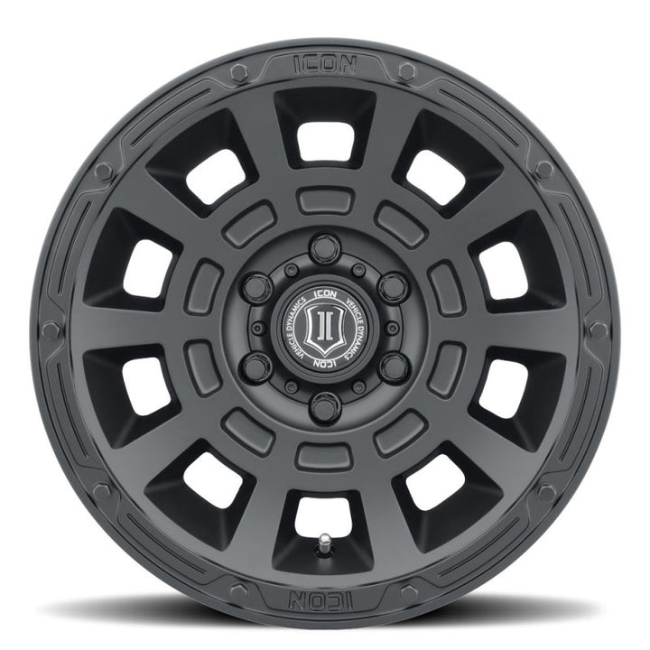 ICON Thrust 17x8.5 6x5.5 0mm Offset 4.75in BS Satin Black Wheel - Bull Strap