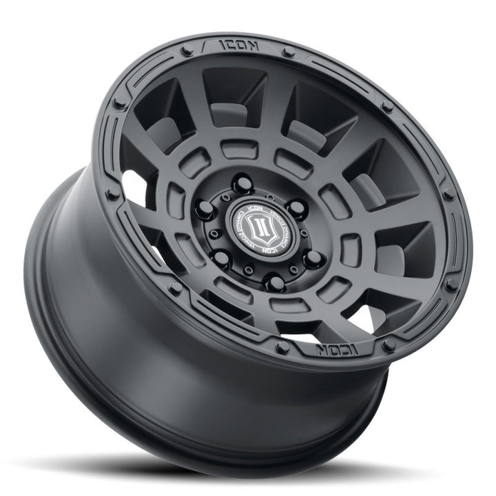 ICON Thrust 17x8.5 6x5.5 0mm Offset 4.75in BS Satin Black Wheel - Bull Strap