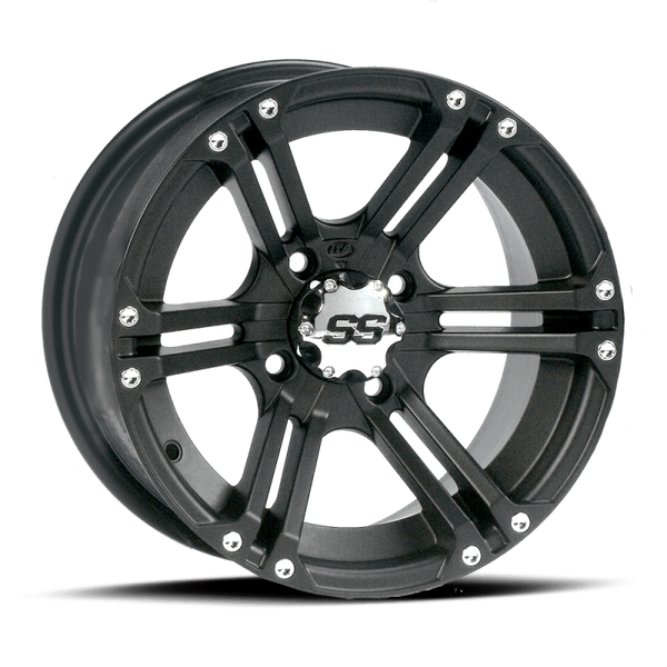 ITP SS 212 12x7 / 4x110 BP / 5+2 Offset Black Wheel - Bull Strap