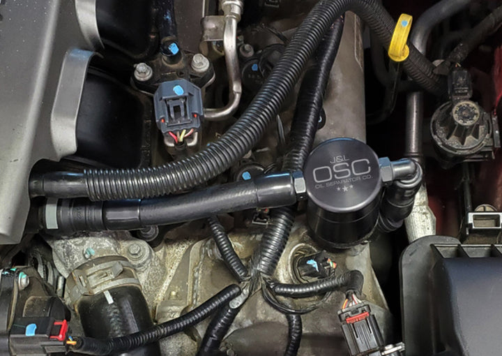 J&L 05-10 Ford Mustang GT Driver Side Oil Separator 3.0 V2 - Black Anodized - Bull Strap