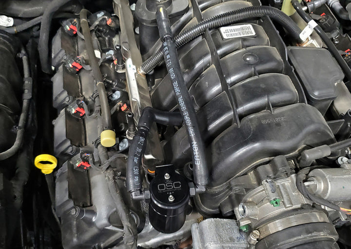 J&L 05-23 Dodge Charger 5.7L Hemi Passenger Side Oil Separator 3.0 - Black Anodized - Bull Strap