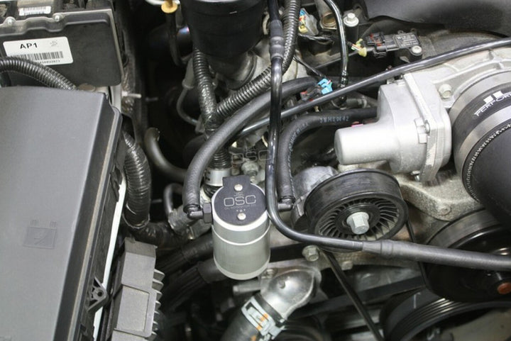 J&L 10-15 Chevrolet Camaro LS3 6.2L Passenger Side Oil Separator 3.0 - Clear Anodized - Bull Strap