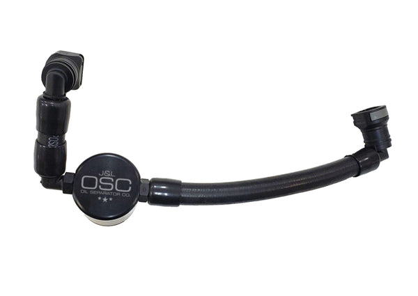 J&L 11-17 Ford Mustang V6 Passenger Side Oil Separator 3.0 V2 - Black Anodized - Bull Strap