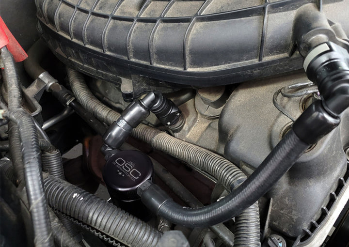 J&L 11-17 Ford Mustang V6 Passenger Side Oil Separator 3.0 V2 - Black Anodized - Bull Strap