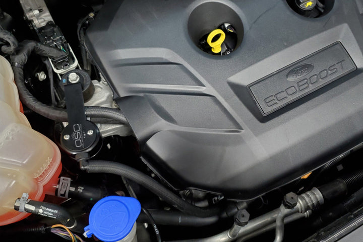 J&L 13-19 Ford Fusion 2.0L EcoBoost Passenger Side Oil Separator 3.0 - Black Anodized - Bull Strap