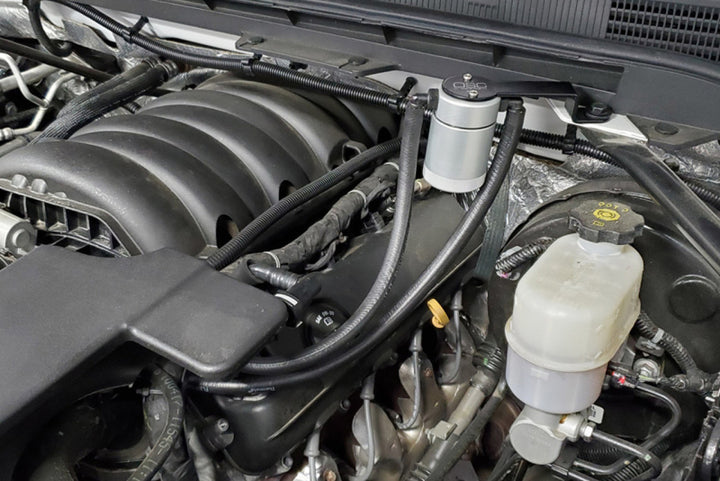 J&L 14-18 Chevy/GM Truck/SUV 5.3L V8 Driver Side Oil Separator 3.0 - Clear Anodized - Bull Strap