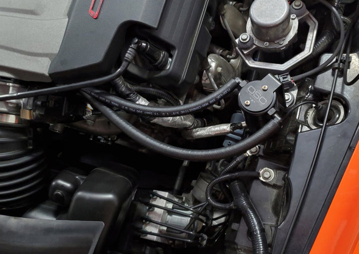 J&L 14-19 Chevrolet Corvette LT1 6.2L Driver Side Oil Separator 3.0 - Black Anodized - Bull Strap