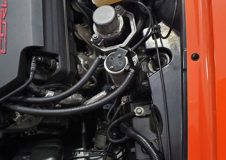 J&L 14-19 Chevrolet Corvette LT1 6.2L Driver Side Oil Separator 3.0 - Clear Anodized - Bull Strap