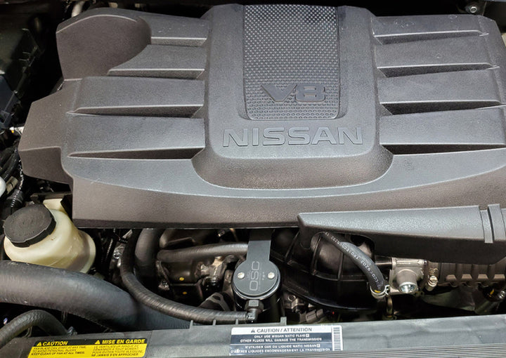 J&L 16-24 Nissan Titan 5.6L Passenger Side Oil Separator 3.0 - Black Anodized - Bull Strap