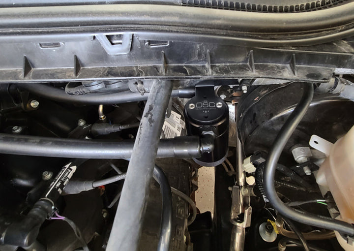 J&L 17-22 Ford F-250 6.2L/7.3L Passenger Side Oil Separator 3.0 - Black Anodized - Bull Strap