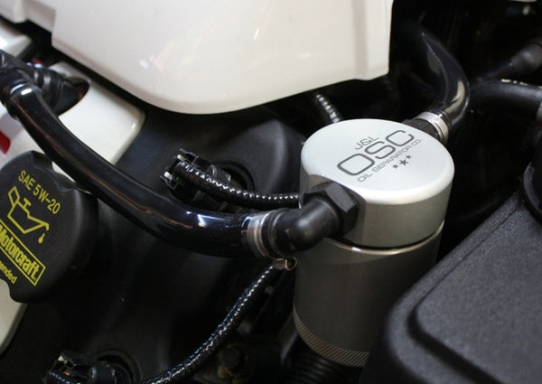 J&L 2011-2017 Mustang GT; 2015-2020 GT350 Passenger Side Oil Separator 3.0 - Clear Anodized - Bull Strap