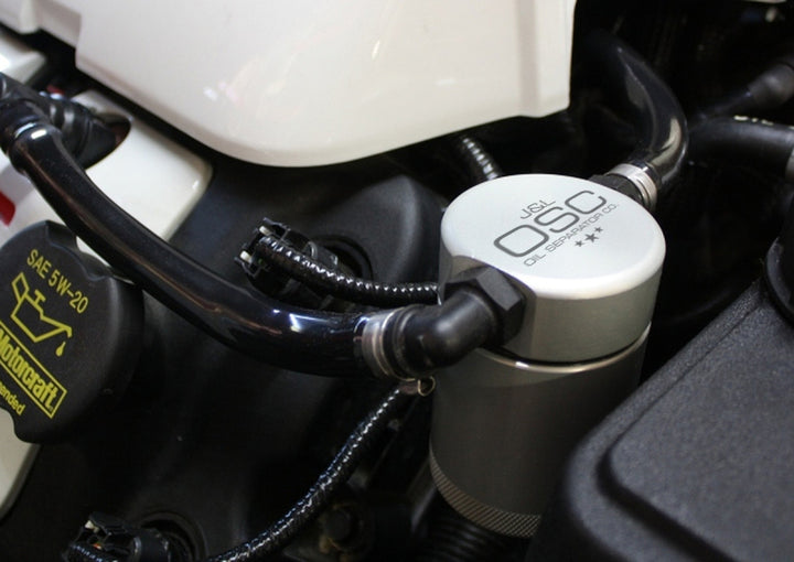 J&L 2011-2017 Mustang GT; 2015-2020 GT350 Passenger Side Oil Separator 3.0 - Clear Anodized - Bull Strap