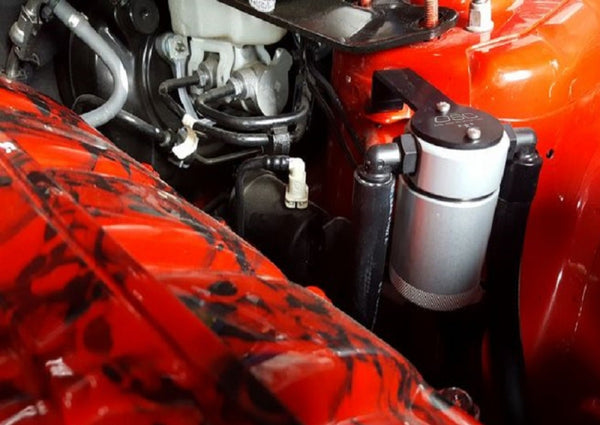 J&L 2015-2023 Ford Mustang EcoBoost Driver Side Oil Separator 3.0 - Clear Anodized - Bull Strap