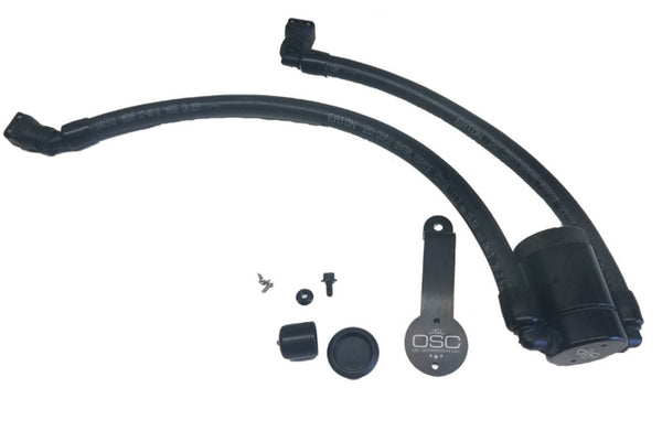 J&L 2018-2023 Ford Mustang GT Driver Side Oil Separator 3.0 - Black Anodized - Bull Strap