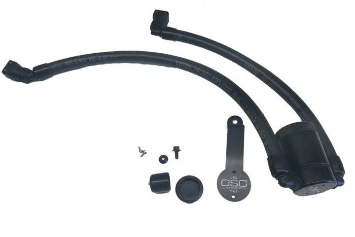 J&L 2018-2023 Ford Mustang GT Driver Side Oil Separator 3.0 - Black Anodized - Bull Strap
