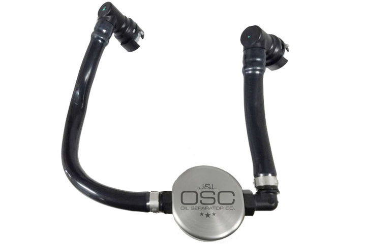 J&L 2018-2023 Ford Mustang GT Passenger Side Oil Separator 3.0 - Clear Anodized - Bull Strap