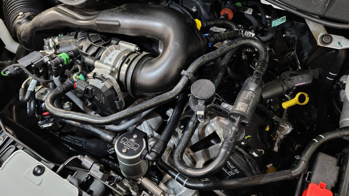 J&L 2025 Ford Transit 150/250/350 3.5L Oil Separator - Clear Anodized - Bull Strap