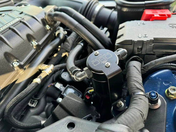 J&L 24-25 Ford Mustang GT w/ Whipple Supercharger Oil Separator 3.0 PCV Side - Black Anodized - Bull Strap