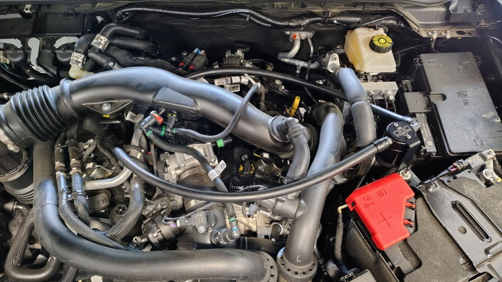 J&L 24-25 Ford Ranger Raptor 3.0L PCV Side Oil Separator - Black Anodized - Bull Strap