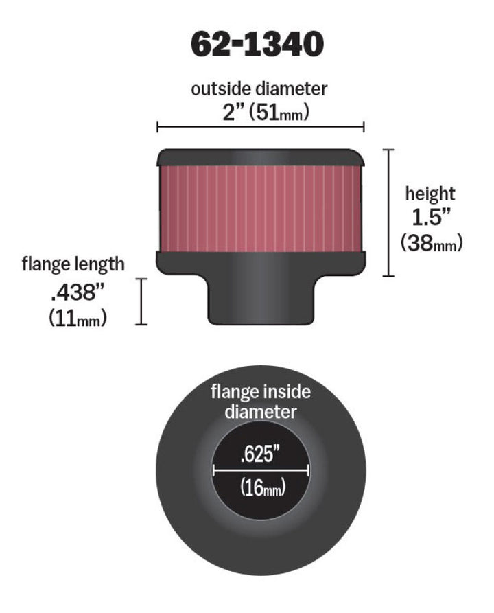 K&N 0.625 inch ID 2 inch OD 1.5 inch H Clamp On Crankcase Vent Filter - Bull Strap