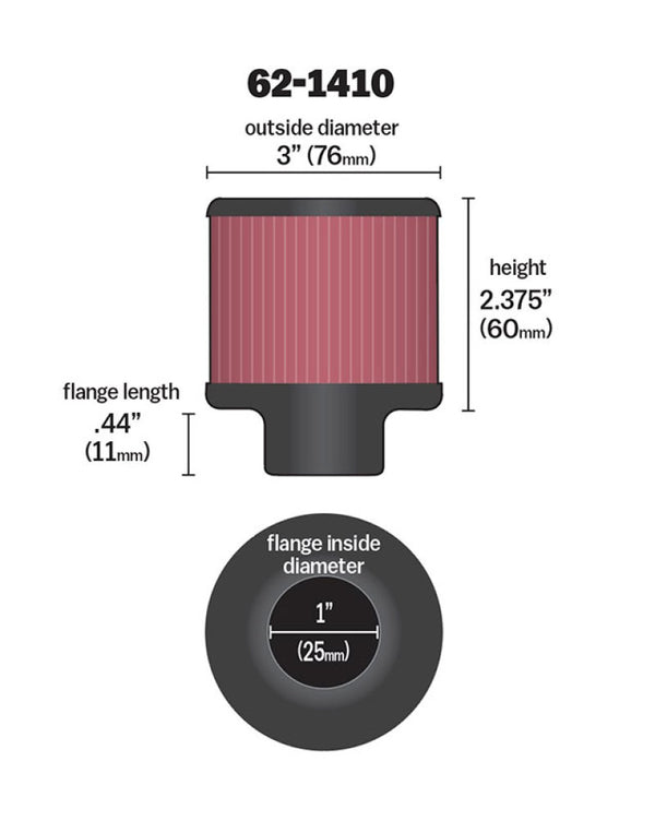 K&N 1 inch ID 3 inch OD 2.375 inch H Rubber Base Crankcase Vent Filter - Bull Strap