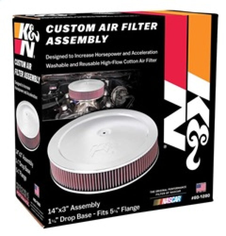 K&N 14in Red Custom Air Cleaner Assembly - 5.125in ID x 14in OD x 2.75in H x 1.25in Drop Base - Bull Strap