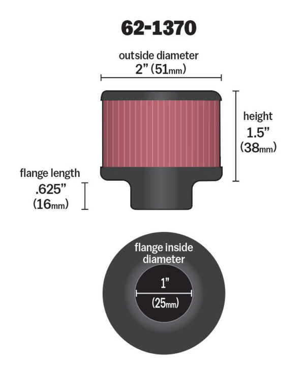 K&N 1in Flange ID x 2in OD x 1.5 inch H Rubber Base Crankcase Vent Filter - Bull Strap