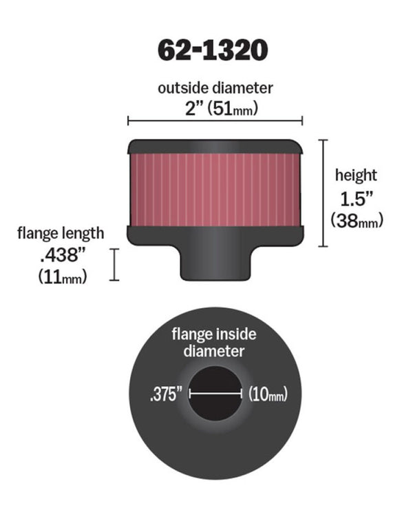 K&N Clamp On Rubber Base Crankcase Vent Filter 0.375in Flange ID x 2in OD x 1.5in Height - Bull Strap